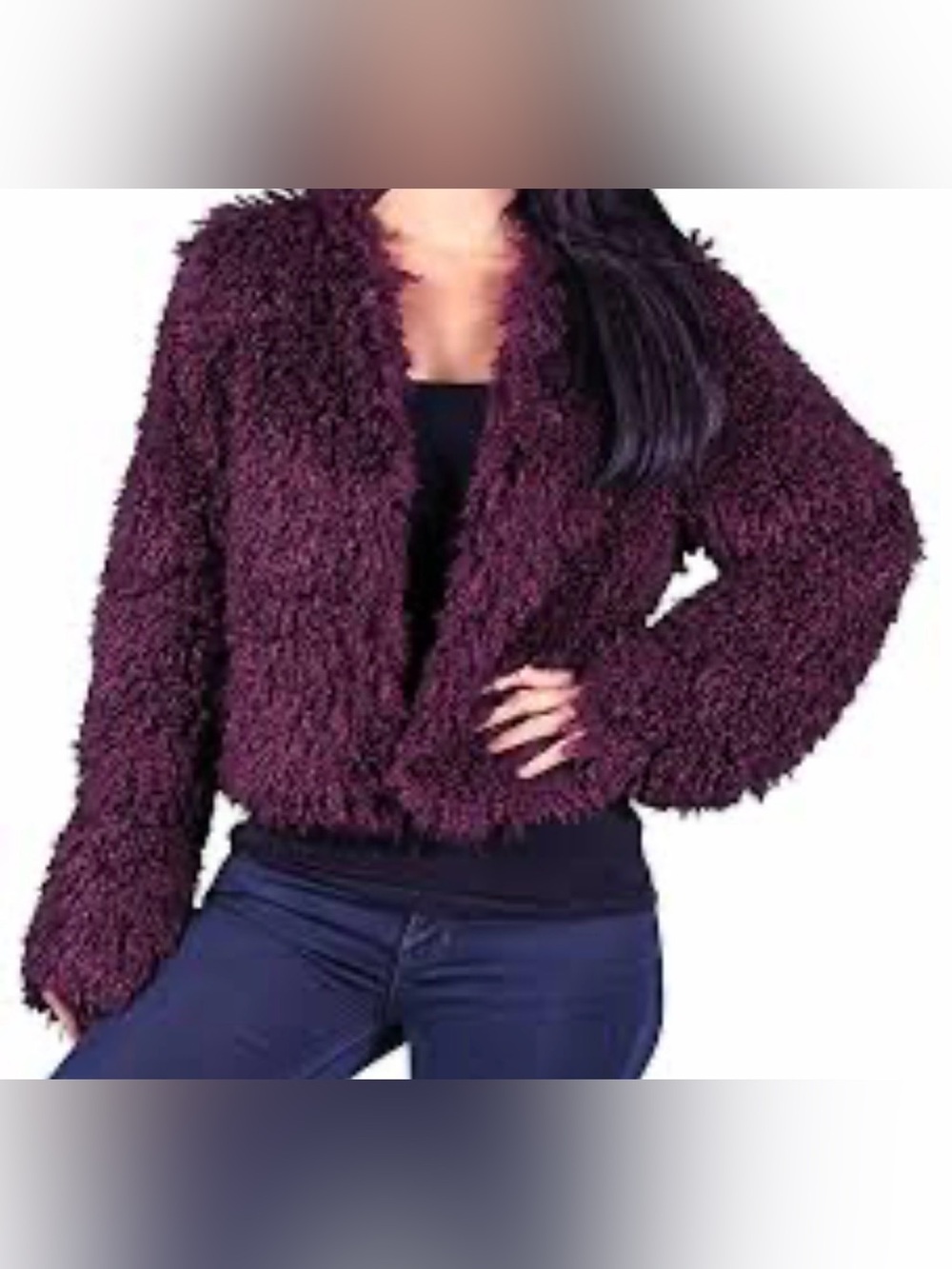 DuMonde Women's Plush Faux Fur Jacket in Deep Plum - Vintage Shag Look